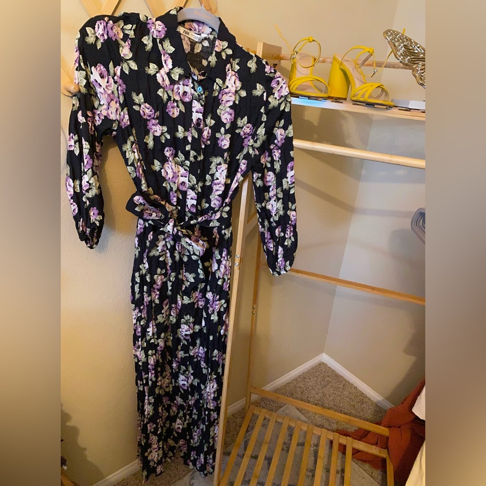 Zara purple floral button down shirt dress